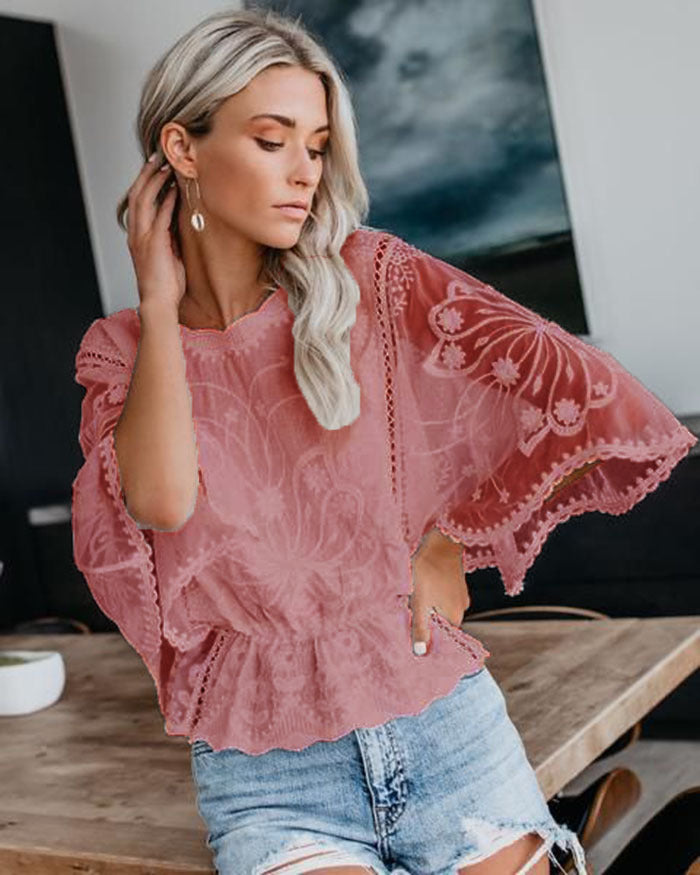 Womens New Arrival Lace Trim Top Short-Sleeve Shirt Loose Batwing Sleeve