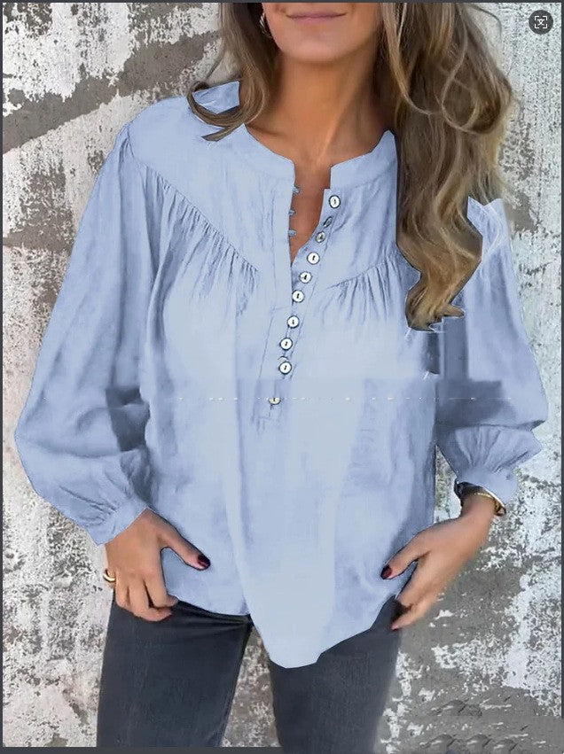 Long-sleeve Solid-color Casual Cotton-linen Top