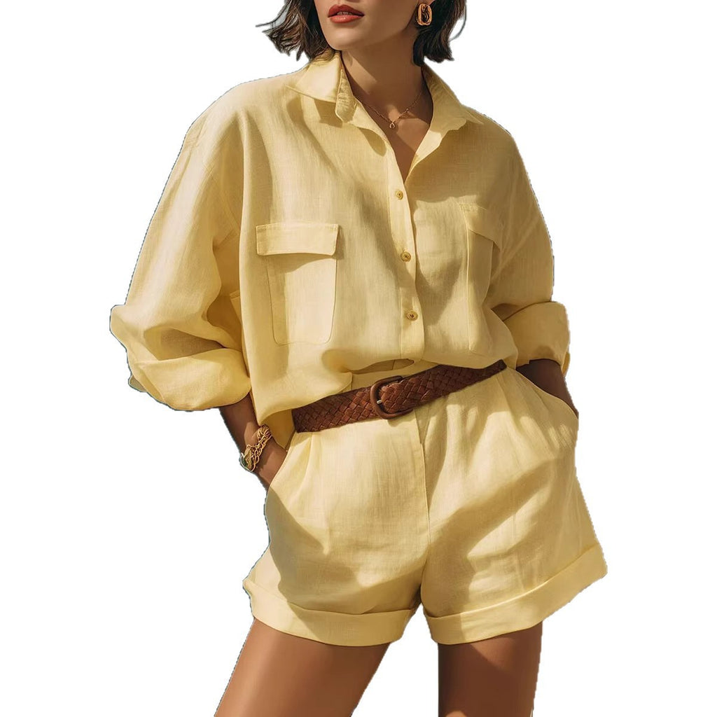 Cotton-linen Button-down Shirt And Shorts Set