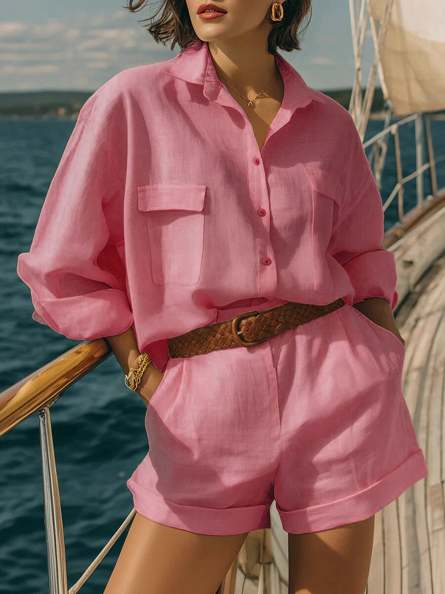 Cotton-linen Button-down Shirt And Shorts Set
