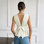 V-neck Backless Lace-up Sleeveless Womens Blouse