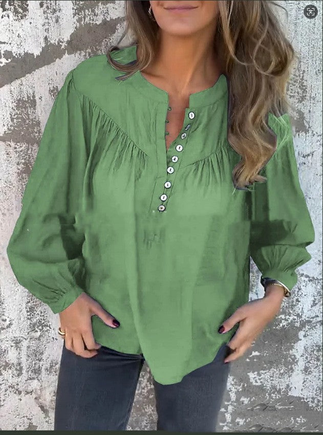 Long-sleeve Solid-color Casual Cotton-linen Top