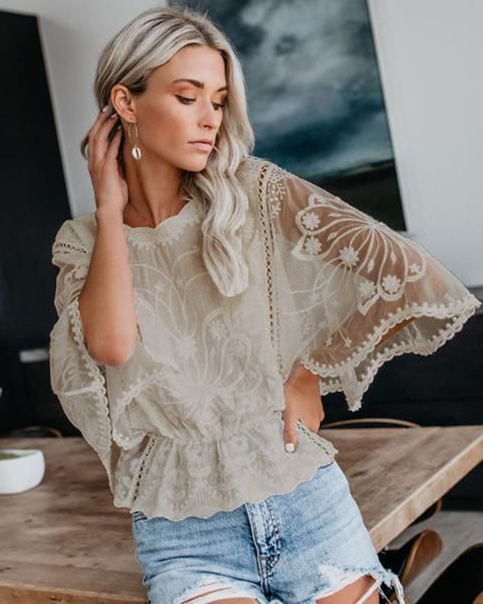 Womens New Arrival Lace Trim Top Short-Sleeve Shirt Loose Batwing Sleeve