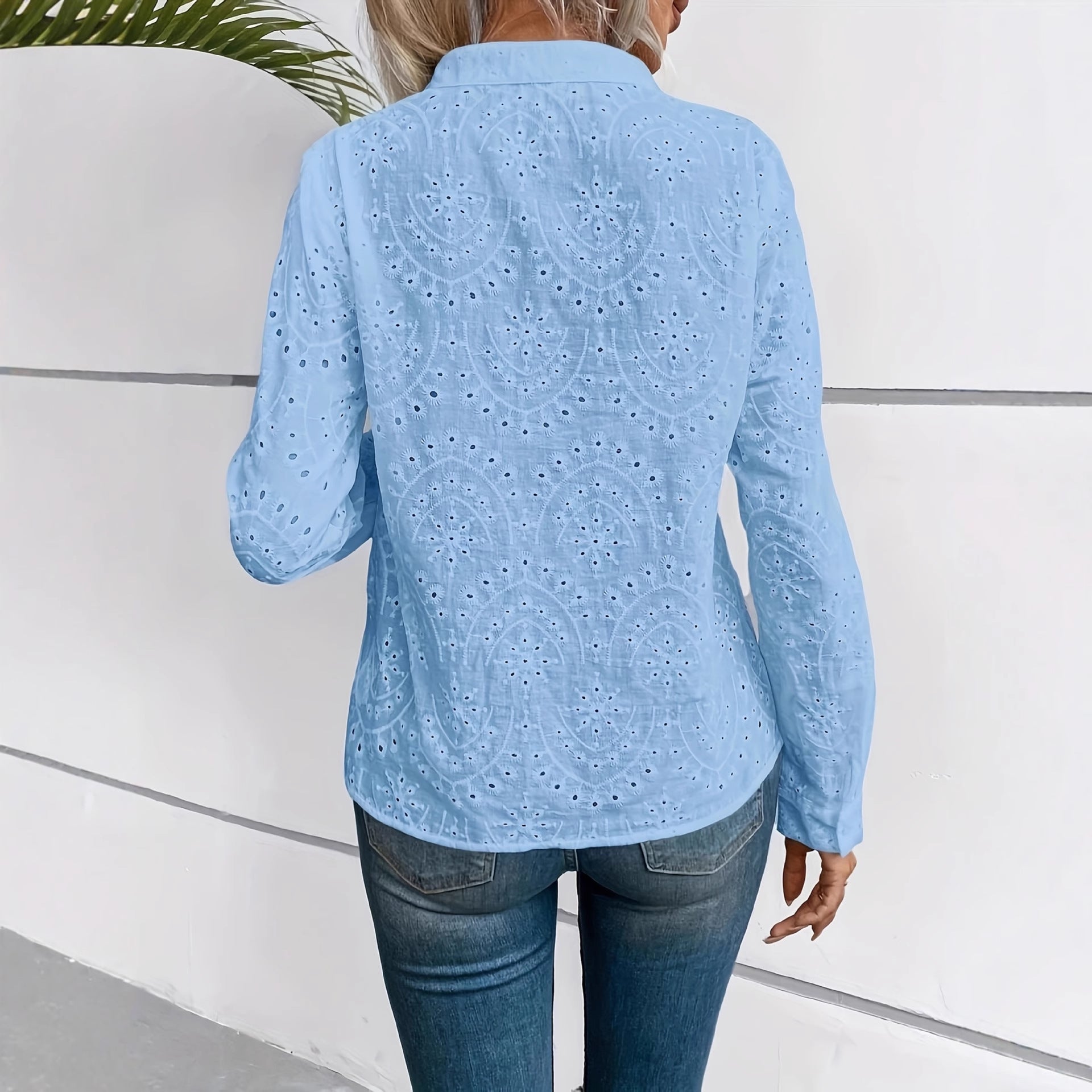 Embroidered Hollow-out Button-up Long-sleeve Shirt