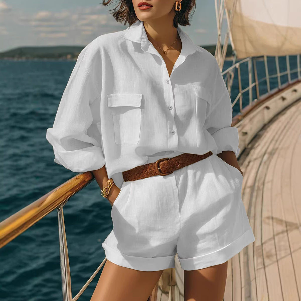 Cotton-linen Button-down Shirt And Shorts Set