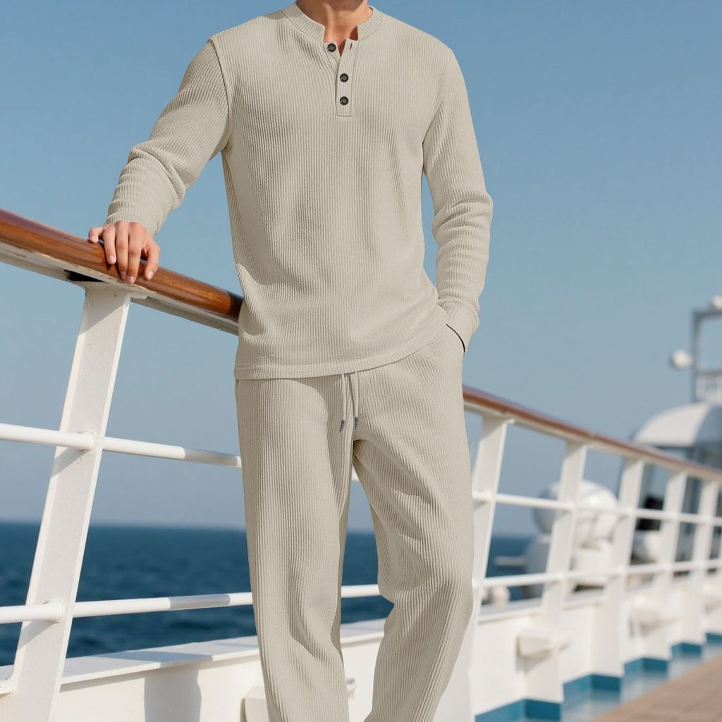 Casual Button Down crew neck Long Sleeve Pants Set