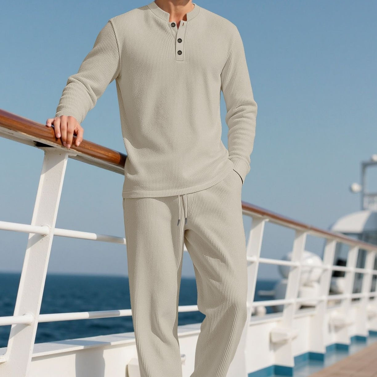 Casual Button Down crew neck Long Sleeve Pants Set