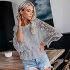 Womens New Arrival Lace Trim Top Short-Sleeve Shirt Loose Batwing Sleeve