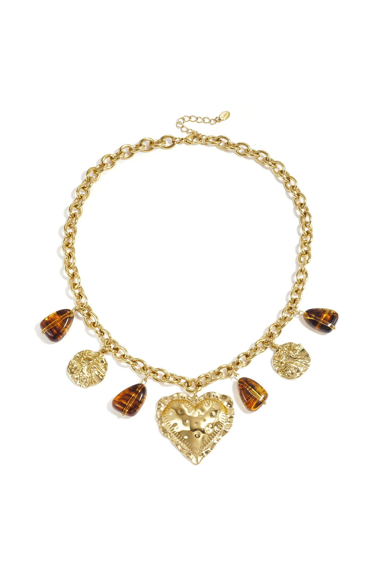 Link chain with dangling beaded coins and statement heart