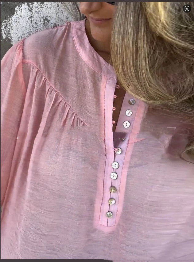 Long-sleeve Solid-color Casual Cotton-linen Top