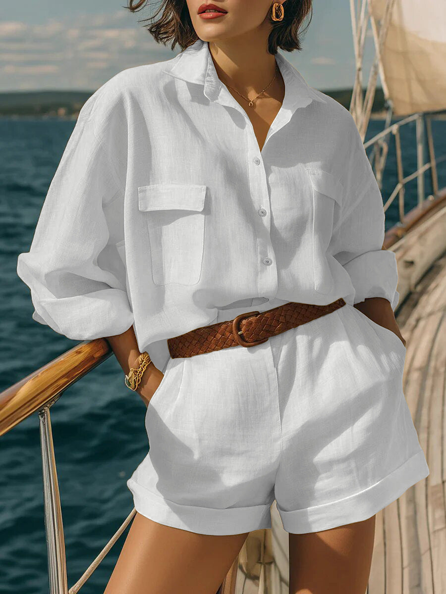 Cotton-linen Button-down Shirt And Shorts Set
