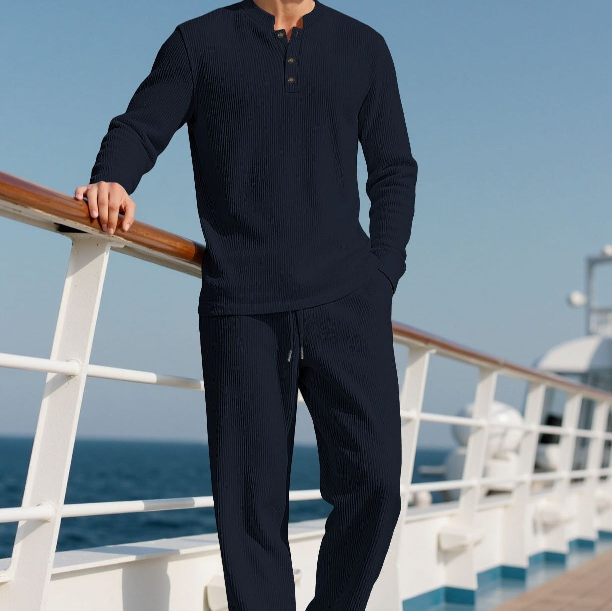 Casual Button Down crew neck Long Sleeve Pants Set