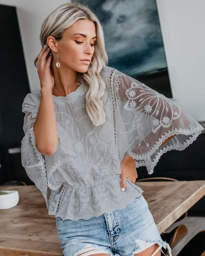 Womens New Arrival Lace Trim Top Short-Sleeve Shirt Loose Batwing Sleeve