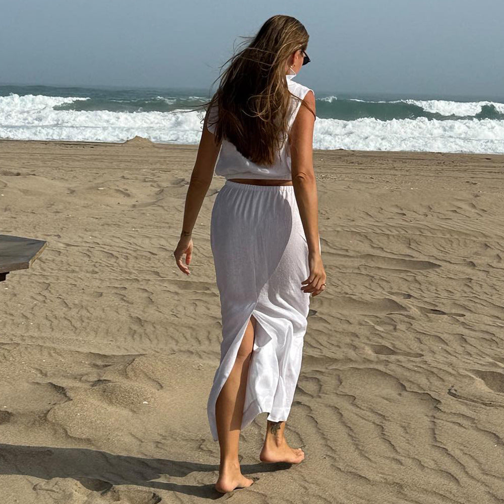 New Lapel-Neckline Zipper Sleeveless Vest Dress Set