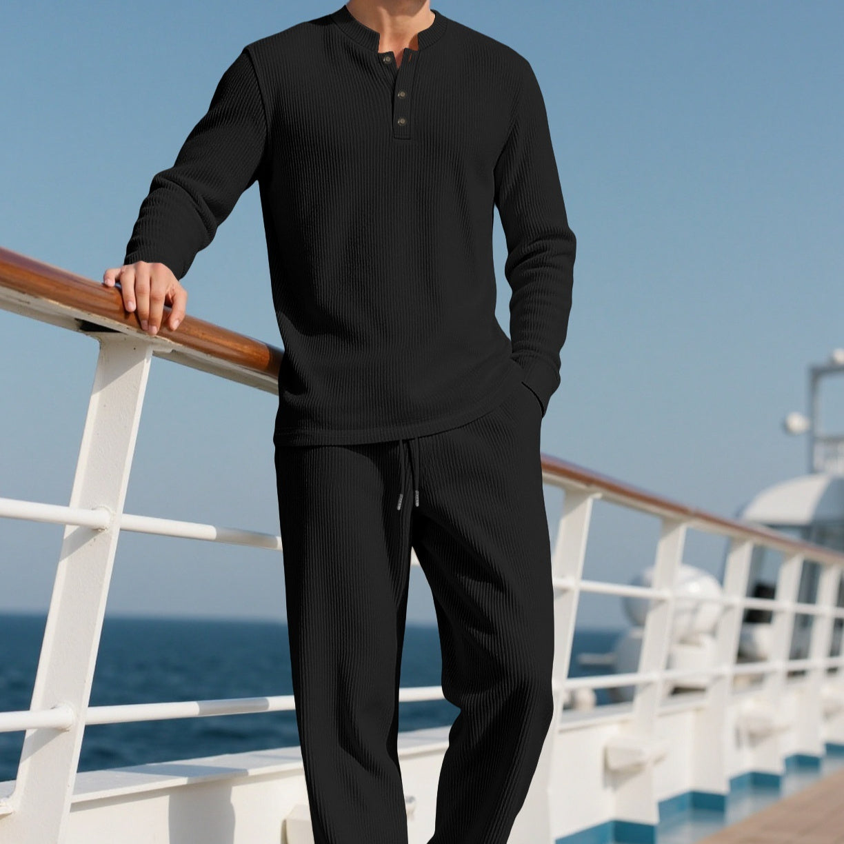 Casual Button Down crew neck Long Sleeve Pants Set