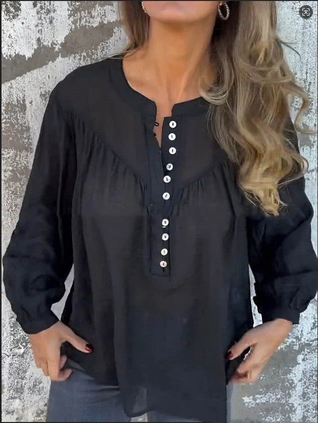 Long-sleeve Solid-color Casual Cotton-linen Top