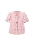Woven Polyester Fiber Women's Short Sleeve Tops Elegant Tie-up Solid Color