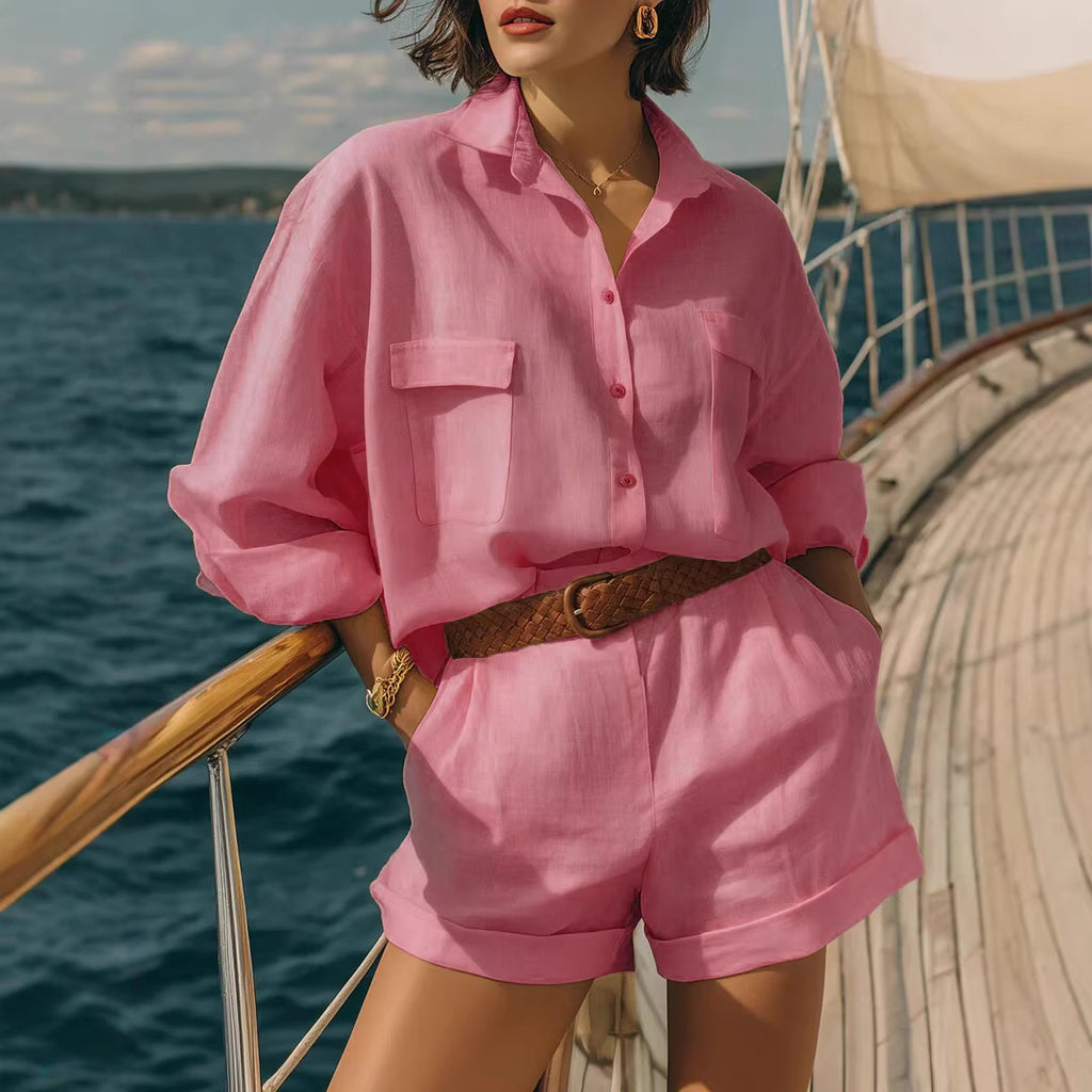 Cotton-linen Button-down Shirt And Shorts Set