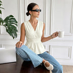 V-neck Backless Lace-up Sleeveless Womens Blouse