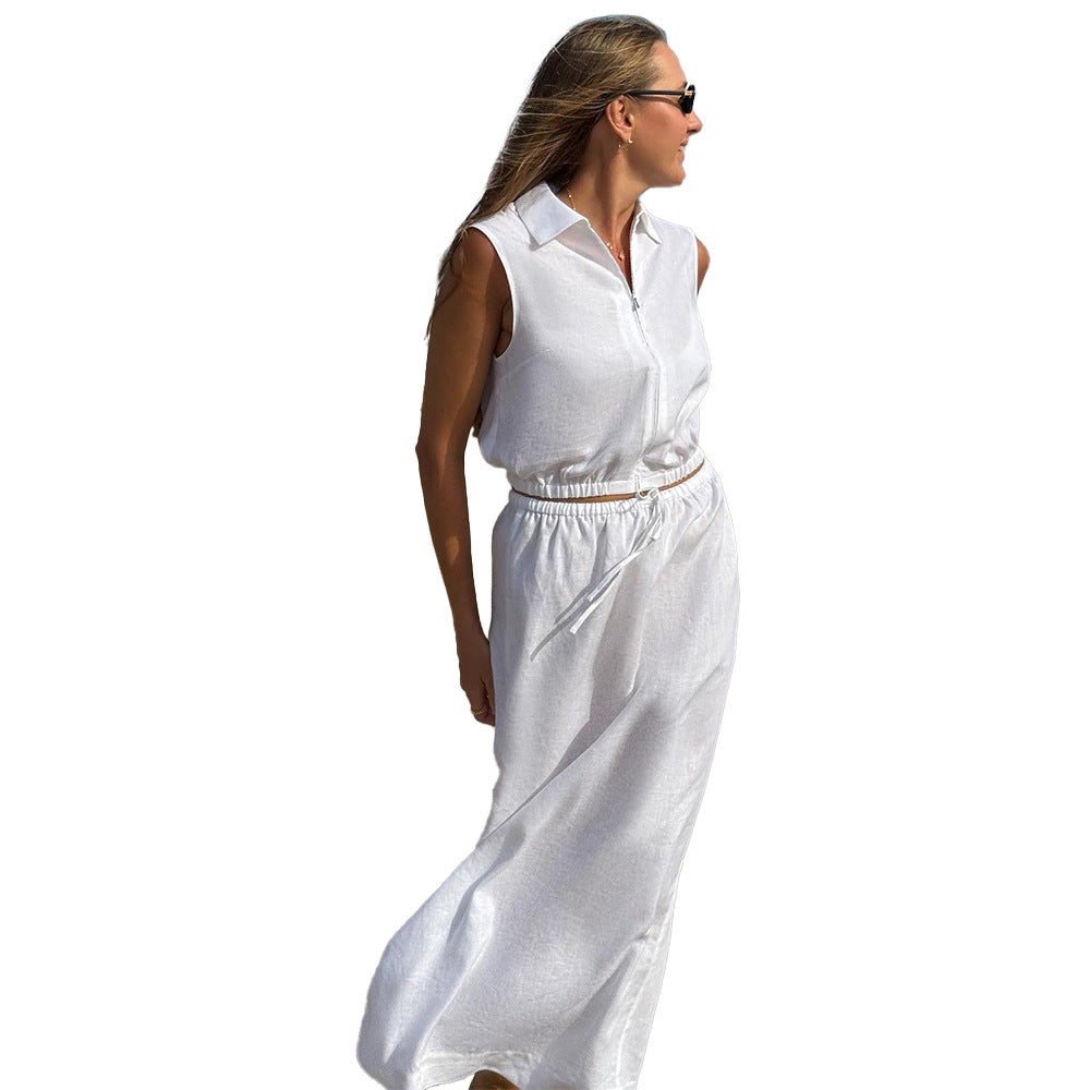 New Lapel-Neckline Zipper Sleeveless Vest Dress Set