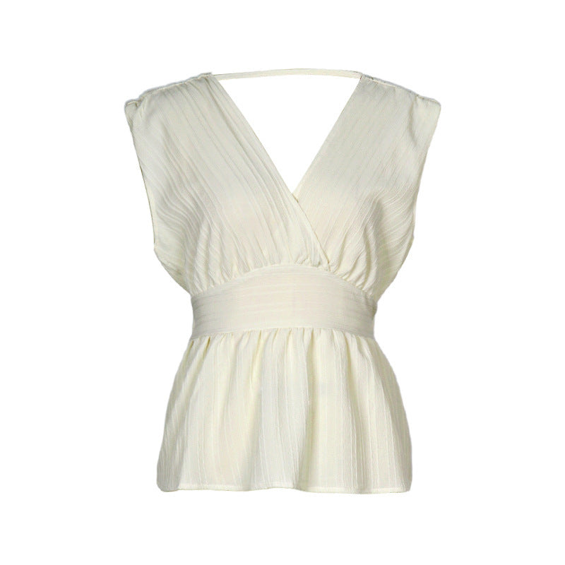 V-neck Backless Lace-up Sleeveless Womens Blouse