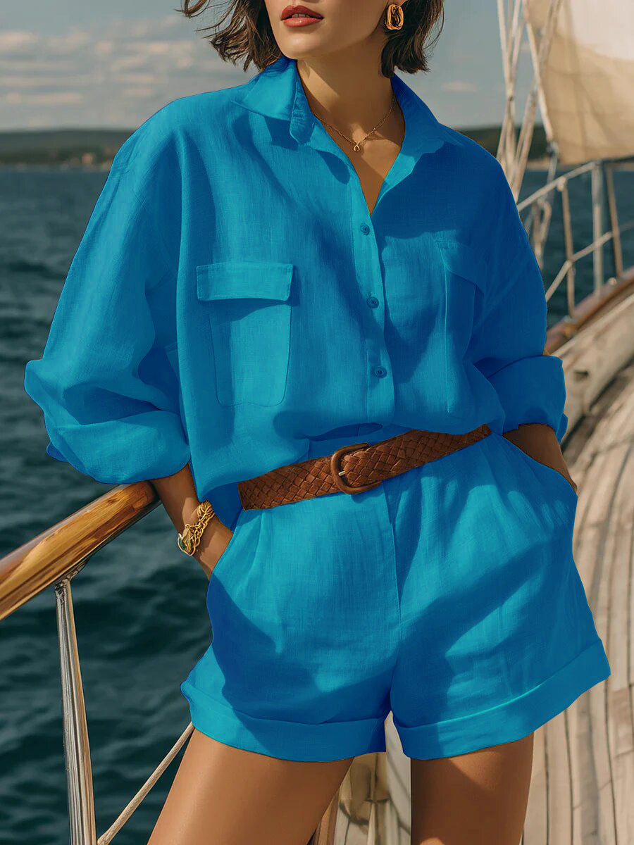 Cotton-linen Button-down Shirt And Shorts Set