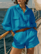 Cotton-linen Button-down Shirt And Shorts Set