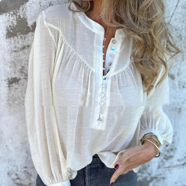 Long-sleeve Solid-color Casual Cotton-linen Top
