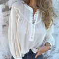 Long-sleeve Solid-color Casual Cotton-linen Top