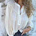 Long-sleeve Solid-color Casual Cotton-linen Top