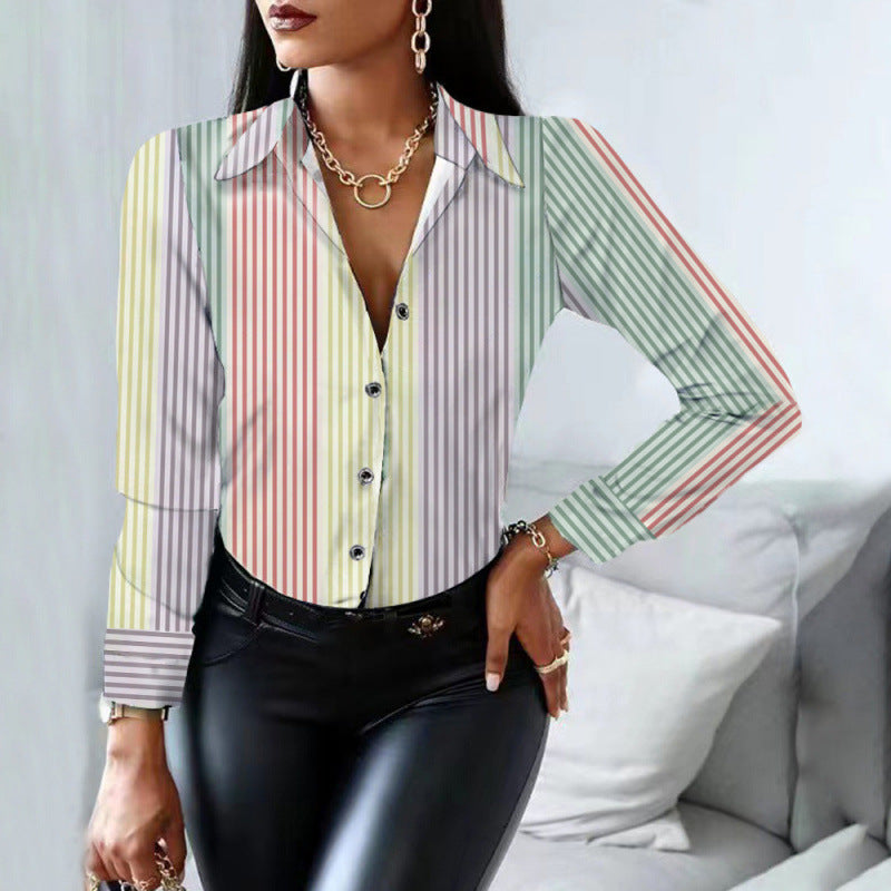 Womens Striped Printed Single-Breasted Long-Sleeve Shirt