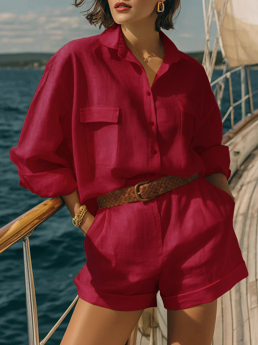 Cotton-linen Button-down Shirt And Shorts Set