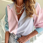 Womens Striped Printed Single-Breasted Long-Sleeve Shirt