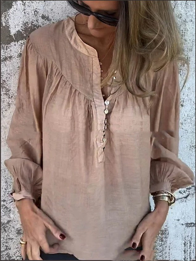 Long-sleeve Solid-color Casual Cotton-linen Top