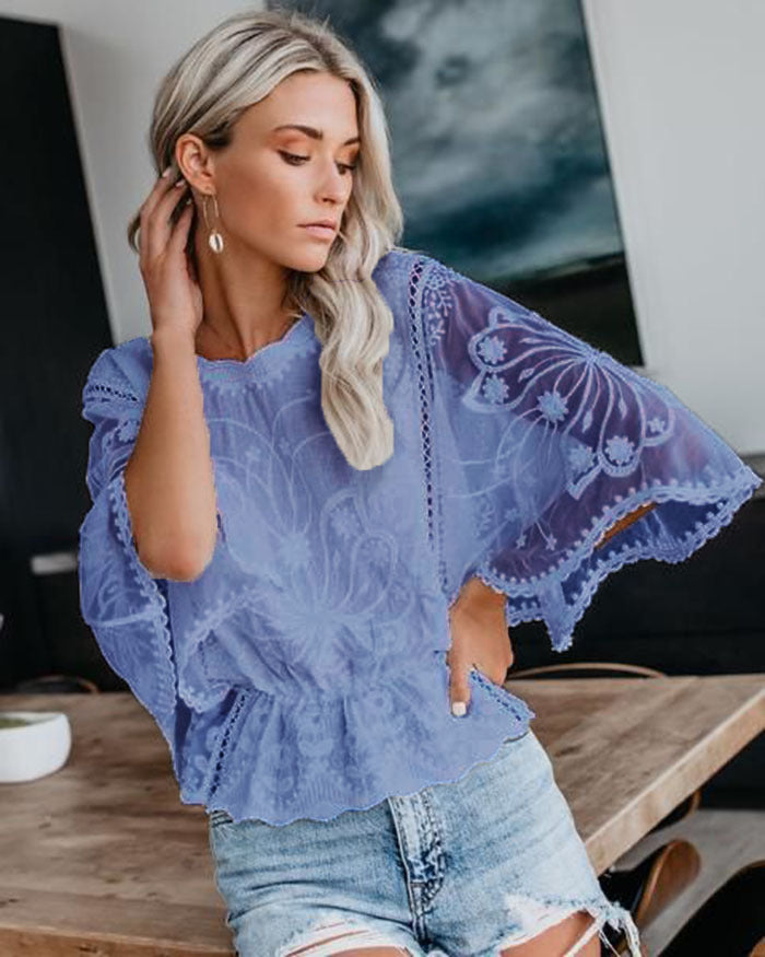 Womens New Arrival Lace Trim Top Short-Sleeve Shirt Loose Batwing Sleeve