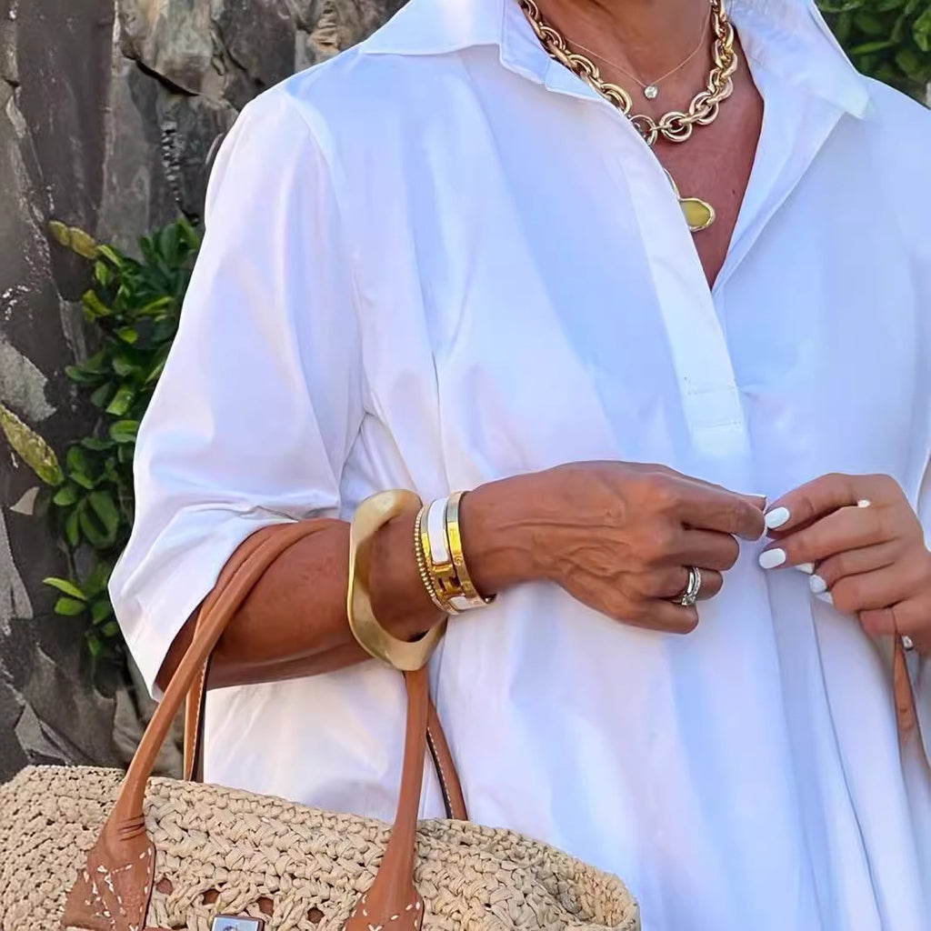 Loose-fitting White A-line Shirt With Three-quarter Sleeves