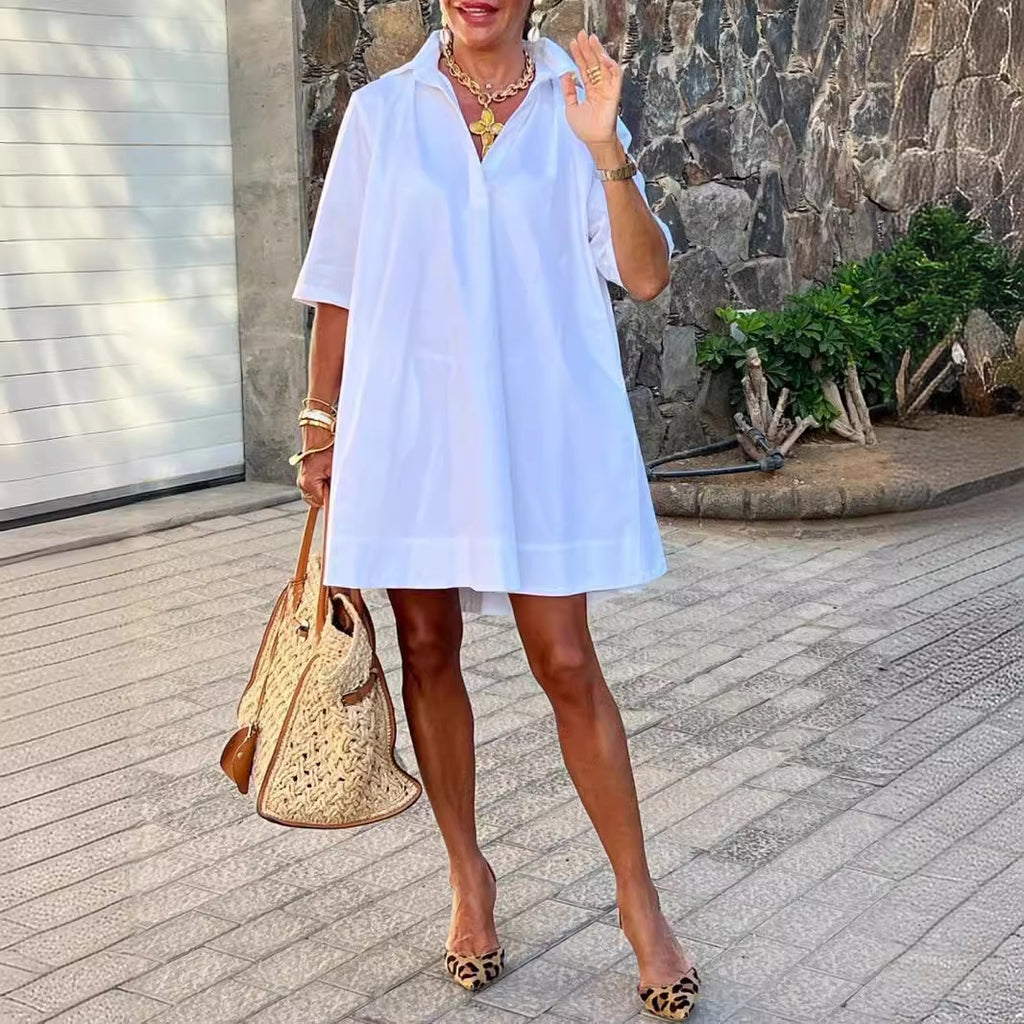 Loose-fitting White A-line Shirt With Three-quarter Sleeves