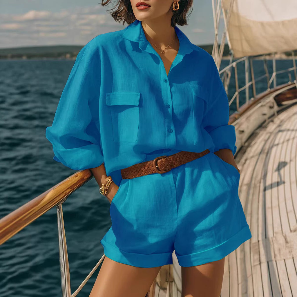 Cotton-linen Button-down Shirt And Shorts Set