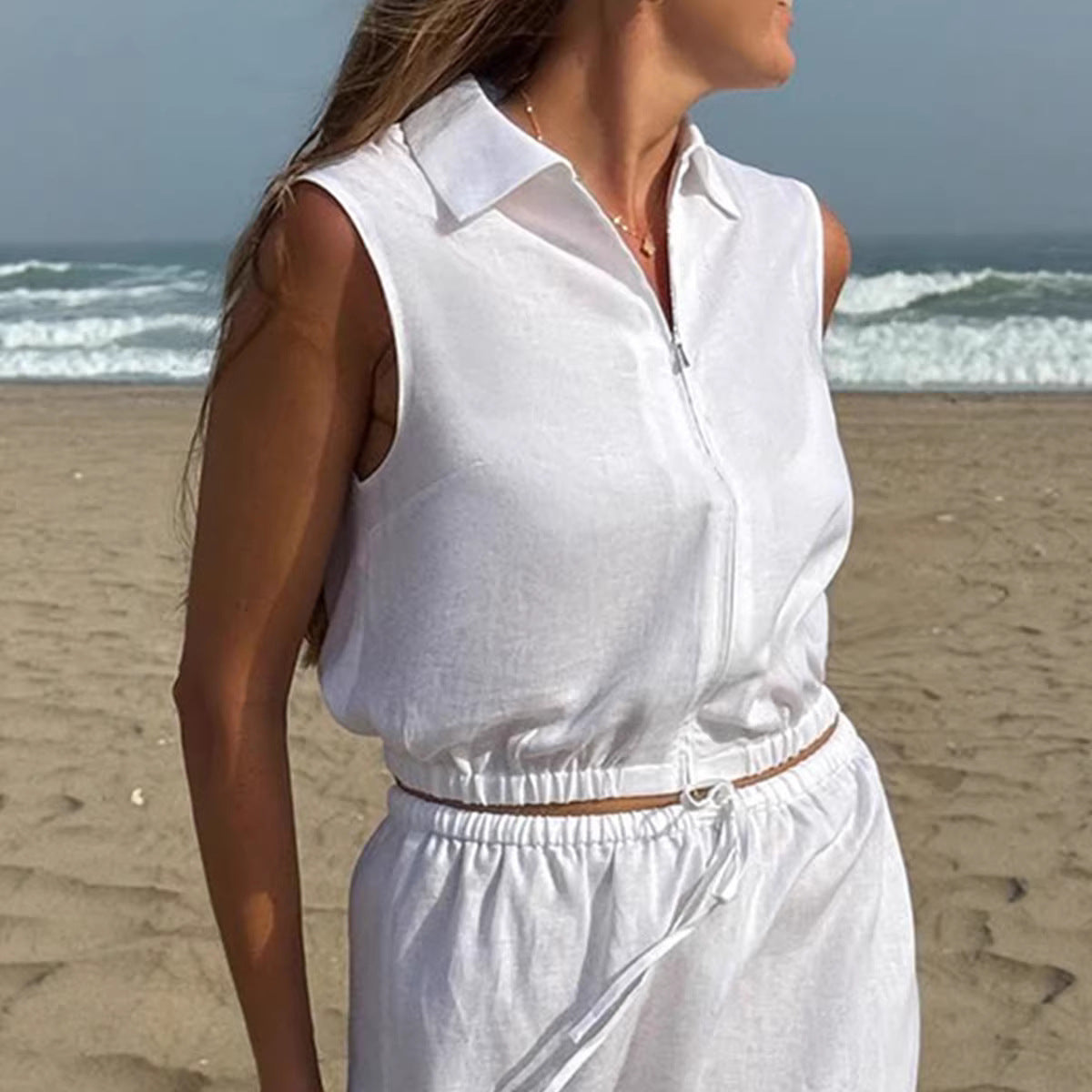 New Lapel-Neckline Zipper Sleeveless Vest Dress Set