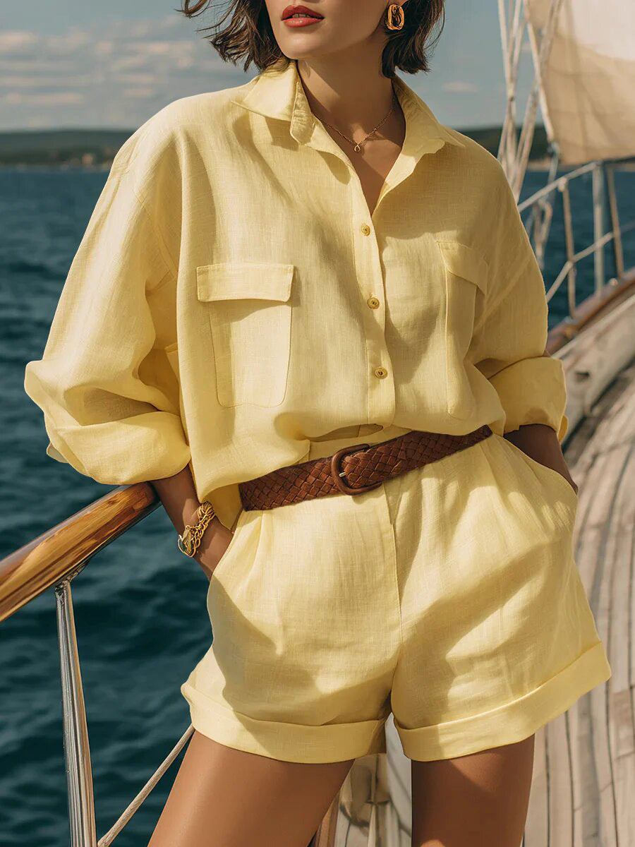 Cotton-linen Button-down Shirt And Shorts Set